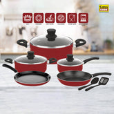 10 Pcs Non Stick Cookware Set | Non Stick Forged Aluminum Body Tempered Glass Lid With Wide Stainless Steel, Maroon